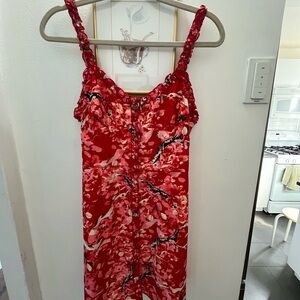 Red Floral Midi Dress with Ruffled Straps